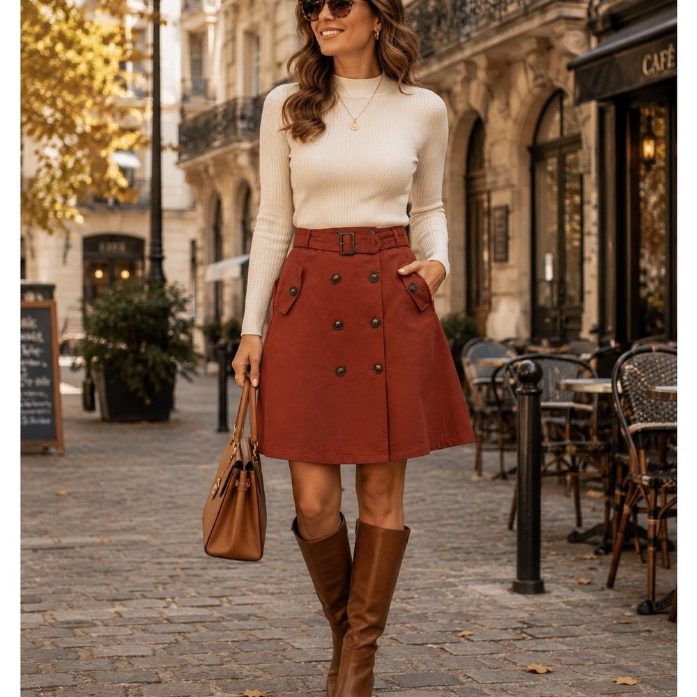 Comme Toi Womens Medium Rust Red Double Breasted Trench Skirt Belted A-Line